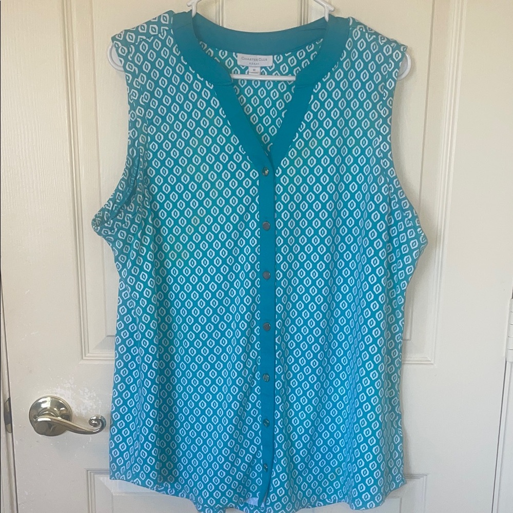 Charter Club Teal Geometric print button down Sleeveless Blouse, Size #1X